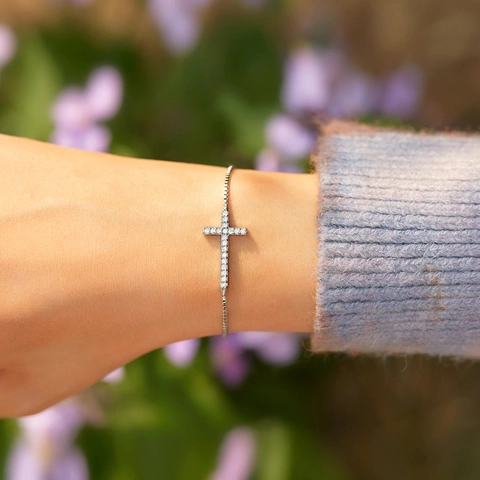 925 Sterling Silver Cross Bracelet For Women Fashion Adjustable Slide Buckle Box Chain Rhinestone Inlaid Jewelry Gift