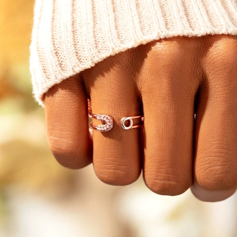 925 Sterling Silver Safety Pin Open Ring For Women Adjustable Rhinestone Inlaid Double Line Geometric Fashion Jewelry Finger Ring