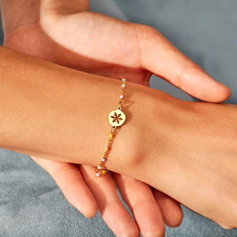 Bracciale Fiocco di Neve in Argento Sterling S925 per Donna Perline di Smalto Colorate Placcato Oro Pendente Rotondo Cavo Gioielli
