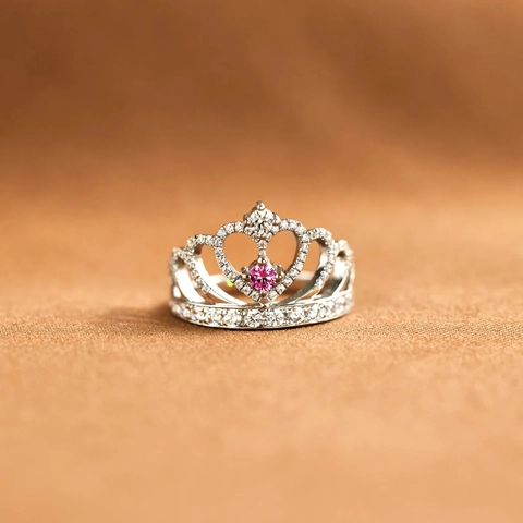 925 Sterling Silver Crown Ring For Women Pink Heart Main Stone Pave Rhinestone Finger Ring Elegant Commute Jewelry Gift