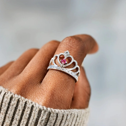 925 Sterling Silver Crown Ring For Women Pink Heart Main Stone Pave Rhinestone Finger Ring Elegant Commute Jewelry Gift