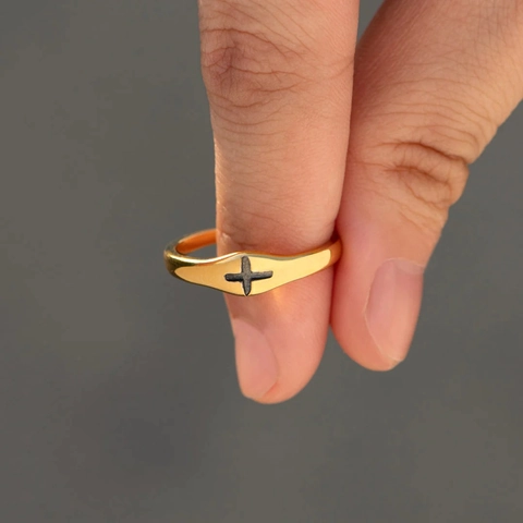 925 Sterlingsilber Kreuz Signet Ring Für Damen Minimalistisch Vergoldet Schwarz Emaille Kreuz Religiös Gothic Vintage Mode Finger Schmuck