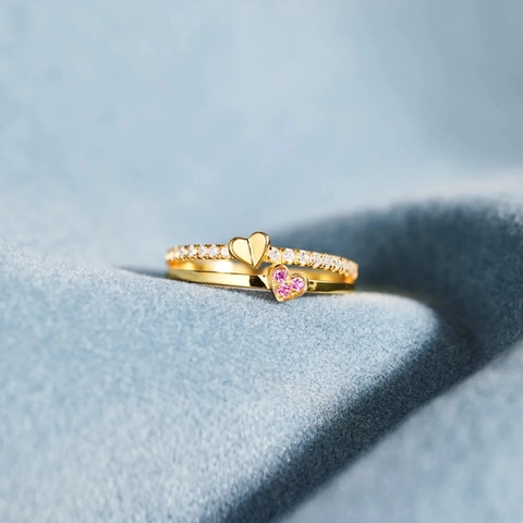 S925 Sterling Zilver Dubbellaags Hart Ring Voor Vrouwen Gegalvaniseerd Strass Ingelegd Mode Sieraden Vingerring Accessoire
