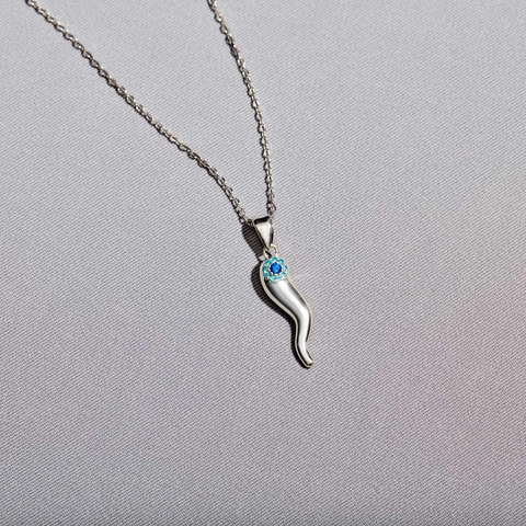 Collana con Ciondolo a Corno Italiano in Argento Sterling 925 Malocchio per Donna Galvanico Strass Blu Moda Gioielli Regalo