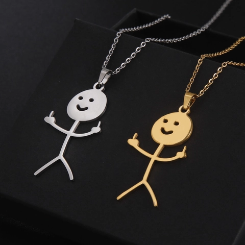 925 Sterling Silver Stickman Pendant Necklace For Women Funny Middle Finger Gesture Smile Face Minimalist Choker Jewelry Gift