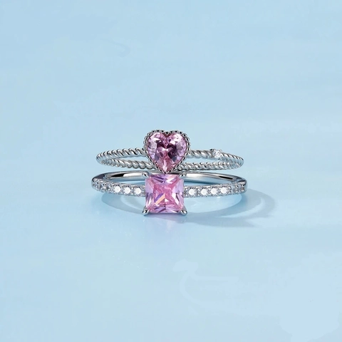 Anello in Argento Sterling S925 Con Zirconia Rosa a Cuore per Donna Design a Corda Intrecciata Pietra Rosa Quadrata Gioielli