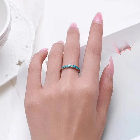 S925 Sterling Zilver Minimalistische Golf Ring Voor Vrouwen Ingelegde Marquise Ronde Turkoois Rij Ring Mode Sieraden