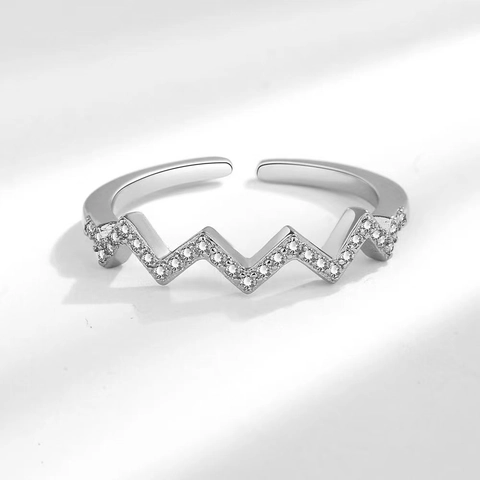 925 Sterling Silver Wave Pattern Open Ring For Women Rhinestone Heartbeat Adjustable Fashion Geometric Jewelry Finger Ring Gift