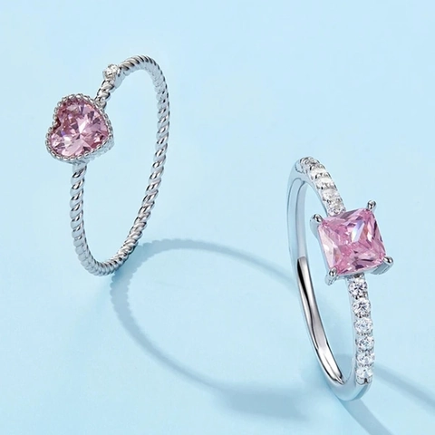 Anello in Argento Sterling S925 Cuore Quadrato Rosa per Donna Elegante Anello con Strass Pavé Geometrico Gioielli Moda Regalo