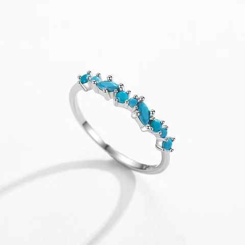 S925 Sterling Zilver Minimalistische Golf Ring Voor Vrouwen Ingelegde Marquise Ronde Turkoois Rij Ring Mode Sieraden