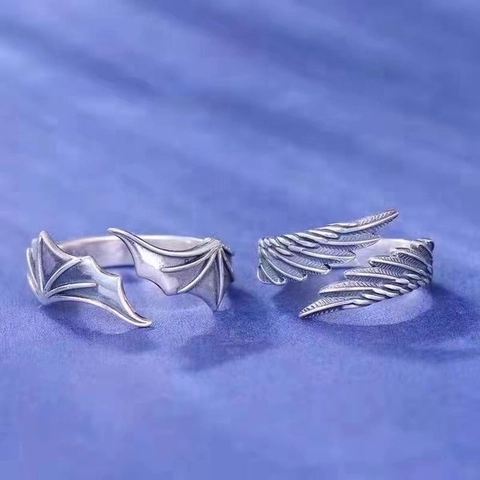S925 Sterling Silver Angel Demon Wing Open Ring For Women Vintage Gothic Adjustable Wing Couple Ring Fashion Finger Jewelry