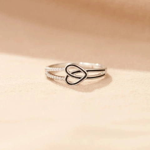 925 Sterling Silver Interlocking Double Heart Ring Black Enamel Rhinestone Inlaid Fashion Finger Ring For Women Daily Jewelry