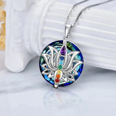 925 Sterlingsilber Lotus Blume 7 Chakren Kristall Anhänger Halskette Für Damen Yoga Spiritueller Heilungsschmuck Geschenk