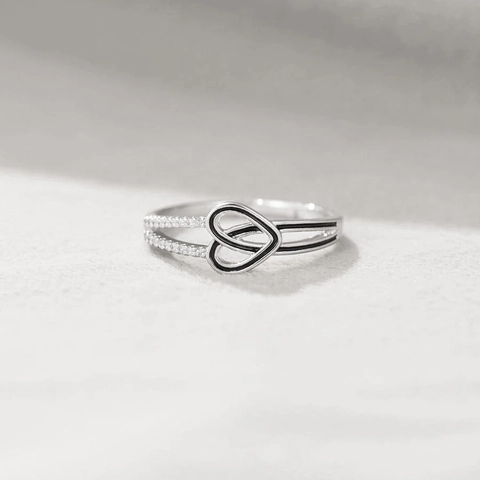 925 Sterling Silver Interlocking Double Heart Ring Black Enamel Rhinestone Inlaid Fashion Finger Ring For Women Daily Jewelry