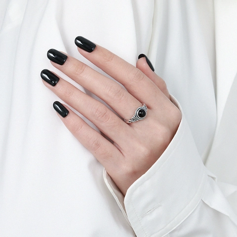 Vintage 925 Sterling Zilveren Ronde Zwarte Agaat Ring Voor Dames Boho Geoxideerd Geometrisch Spiraalpatronen Mode Ring