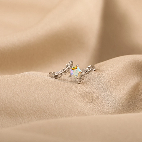 Anello Aperto Regolabile in Argento Sterling S925 con Piuma e Stella Pietra Aurora Scintillante Strass Gioielli alla Moda per Donna