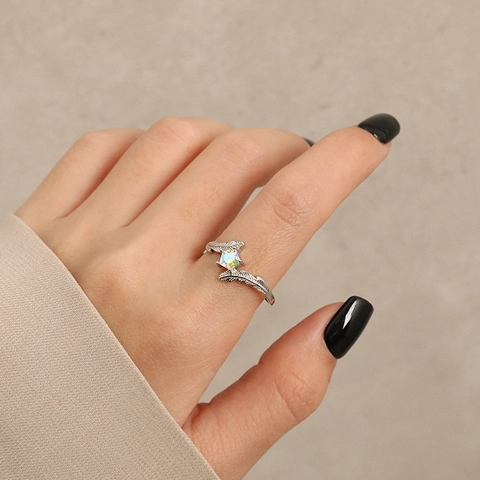 Anello Aperto Regolabile in Argento Sterling S925 con Piuma e Stella Pietra Aurora Scintillante Strass Gioielli alla Moda per Donna