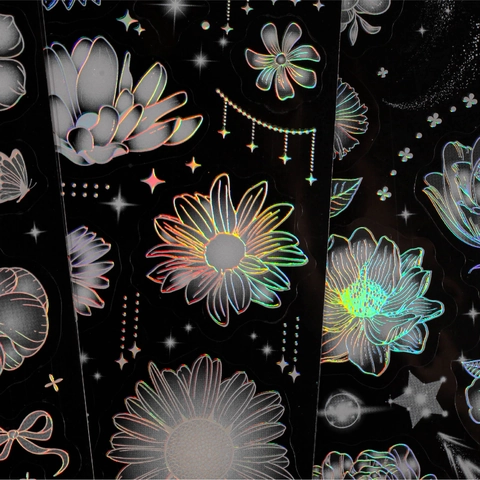 Retro Floral PET Stickers Moonflowers Series Laser Holographic Transparent Decorative Floral Stickers For Scrapbooking Planner DIY