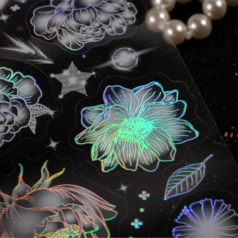 Retro Floral PET Stickers Moonflowers Series Laser Holographic Transparent Decorative Floral Stickers For Scrapbooking Planner DIY