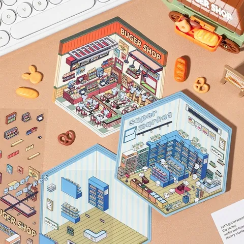 Yuxian Adventure World Series 2 PET Stickers Miniature Shop Scene DIY Scrapbooking Decoration Burger Supermarket Theme Pack