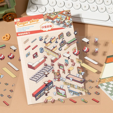 Yuxian Adventure World Series 2 PET Stickers Miniature Shop Scene DIY Scrapbooking Decoration Burger Supermarket Theme Pack
