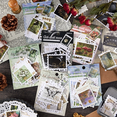 Retro Vintage Stamp Paper Stickers Floral Butterfly Moon Art Oil Painting Scrapbooking DIY Journaling Decoration Stickers