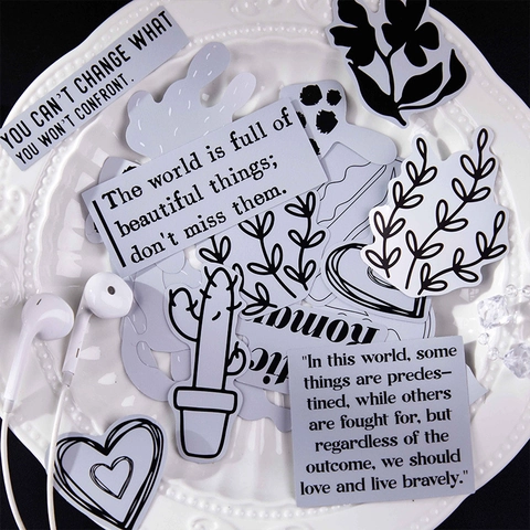 Μινιμαλιστικά Μαύρο Άσπρο Ασημί Αυτοκόλλητα PET Για DIY Scrapbooking Ημερολόγιο Βοτανικά Μοτίβα Πεταλούδα Διακοσμητικά Αυτοκόλλητα