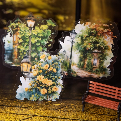 Vintage PET Transparent Stickers Street Lamp Flower Watercolor Theme For Scrapbooking Journaling DIY Decorative Aesthetic Stickers Pack