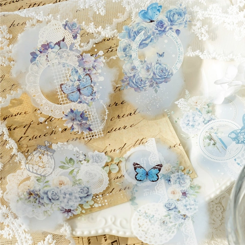 Vintage Blumen Spitze PET Aufkleber Blume Schmetterling Transparent Wasserdicht Deko-Sticker Für DIY Scrapbooking Journal