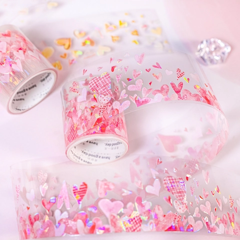 Ruban PET Thème Coeur Romantique Laser Lueur de Coquillage Autocollant Décoratif pour Scrapbooking Journaling DIY Artisanat Papeterie