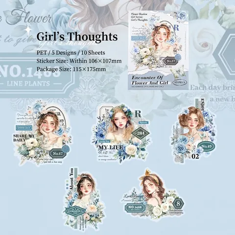 Aesthetic Decorative PET Sticker Pack Girl And Floral Art Design Scrapbook Journal Craft Stationery Supplies