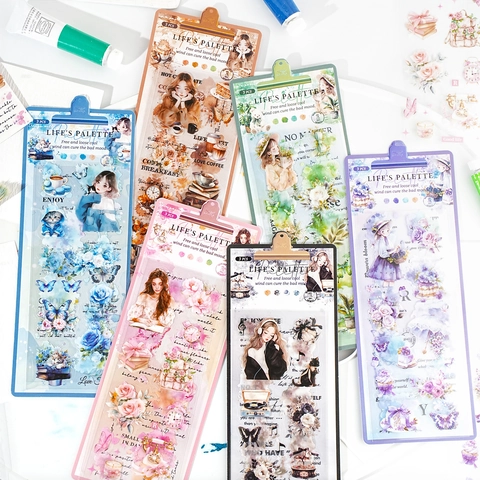 Vintage PET Aufkleber Set Life Palette Serie Blumen Und Mädchen Illustrationen Für Scrapbooking Journaling DIY Deko