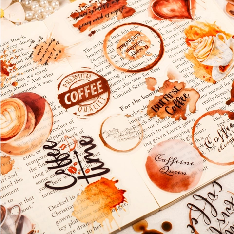 Pacchetto di Adesivi in PET a Tema Caffè Retrò Adesivi Decorativi Estetici Vintage ad Acquerello Tazzine da Caffè Schizzi per Scrapbooking Journaling Planner Fai-da-te