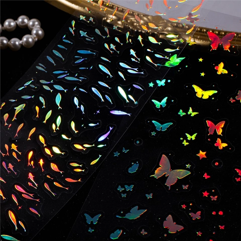 Retro Story Serie Estrella Pegatinas Láser PET Estampado en Caliente Mariposa Pájaro Pez Cristal para Decoración Scrapbooking Journaling 2 Hojas