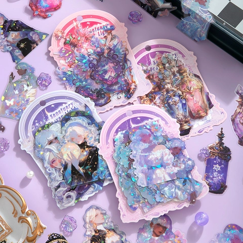 Sanctuary Prayer Light PET Sticker Pack Fantasy Shell Light Laser Anime Girl Potion Bottle Scrapbooking DIY Decor Stickers