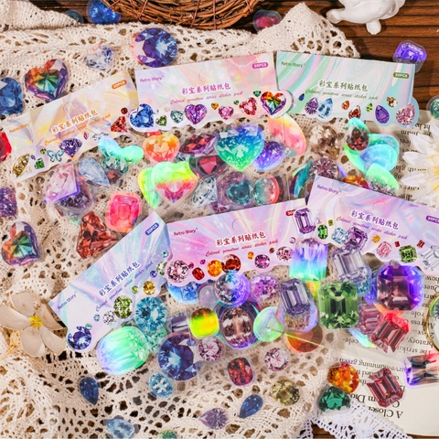 Vintage PET Aufkleber Set Edelstein Blumen Thema Retro Holografisch Dekorative Sticker Für Journal DIY Scrapbooking Kunsthandwerk Aufkleber