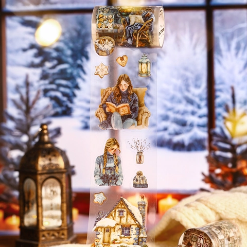 Winterwaerme PET Dekoband Handgezeichnetes Aquarell Gestanztes Scrapbook Aufkleber Rolle Fuer Journaling DIY Kunsthandwerk Dekoration