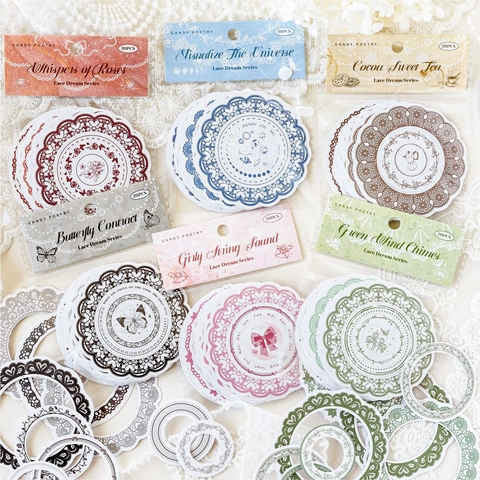 Retro Lace Dream Series Round Border Stickers Vintage Kraft Paper Decals For Journaling Scrapbooking DIY Gift Decoration