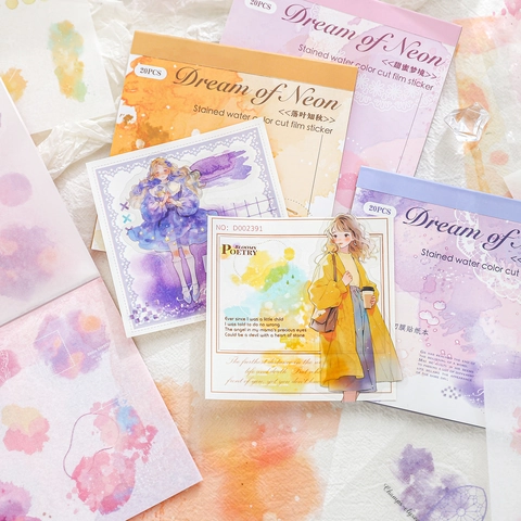 Serie Sueño de Neón Libro de Pegatinas Degradado Acuarela PET Papel Washi Troquelado Decorativo Diario Scrapbooking Pegatinas