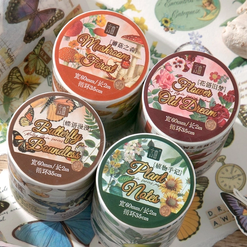 Vintage Botanical Washi Tape Mushroom Butterfly Floral Decorative Masking Tape For Scrapbooking Journaling DIY Arts Crafts