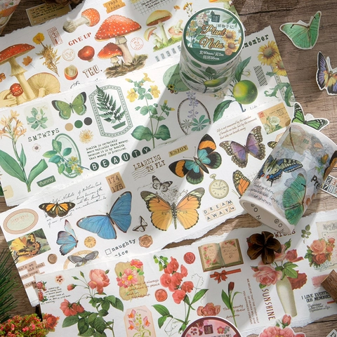 Vintage Botanical Washi Tape Mushroom Butterfly Floral Decorative Masking Tape For Scrapbooking Journaling DIY Arts Crafts