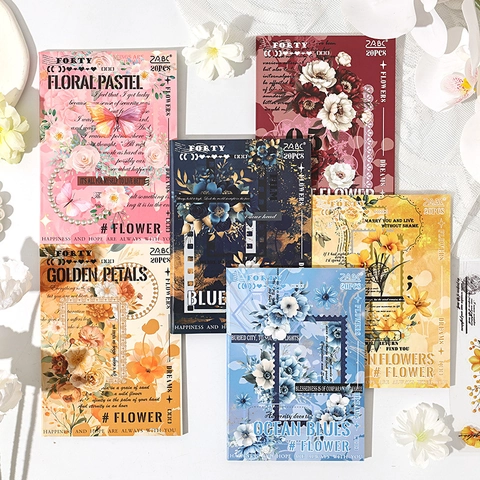 ZABC 20 Sheets Vintage Floral Scrapbooking Stickers PET Washi Paper Botanical Theme DIY Decorative Stickers For Journal Diary