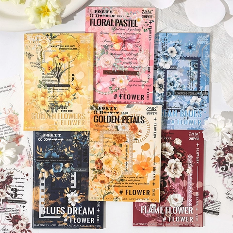 ZABC 20 Sheets Vintage Floral Scrapbooking Stickers PET Washi Paper Botanical Theme DIY Decorative Stickers For Journal Diary