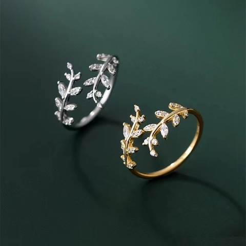 925 Sterling Silver Leaf Branch Open Ring For Women Zirconia Flower Inlaid Fashion Commuter Style Finger Jewelry Gift