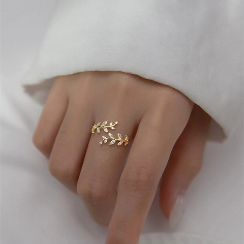 925 Sterling Silver Leaf Branch Open Ring For Women Zirconia Flower Inlaid Fashion Commuter Style Finger Jewelry Gift