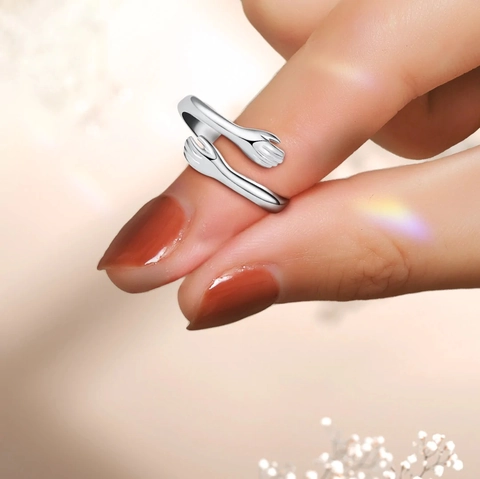 Anello Aperto in Argento Sterling 925 Mani che si Abbracciano per Donna Regolabile Minimalista Placcato Oro Argento Gioielli