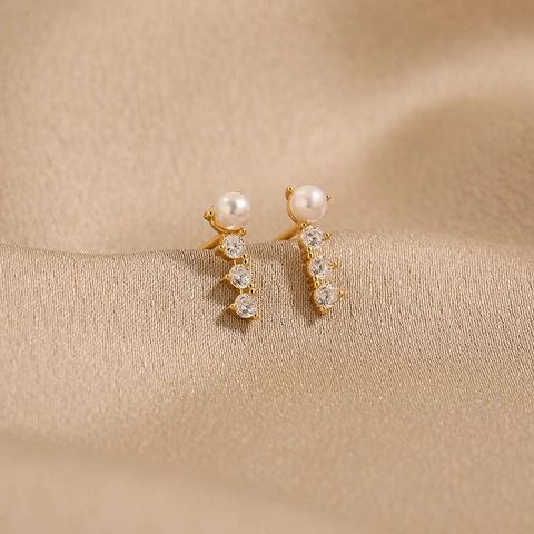 925 Sterling Silver Artificial Pearl Rhinestone Stud Earrings Minimalist Vertical Row Geometric Jewelry For Women Girls Gift