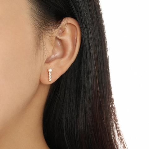 925 Sterling Silver Artificial Pearl Rhinestone Stud Earrings Minimalist Vertical Row Geometric Jewelry For Women Girls Gift