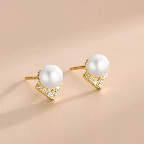 925 Sterling Silver V-Shaped Rhinestone Artificial Pearl Stud Earrings For Women Minimalist Fashion Elegant Ear Jewelry