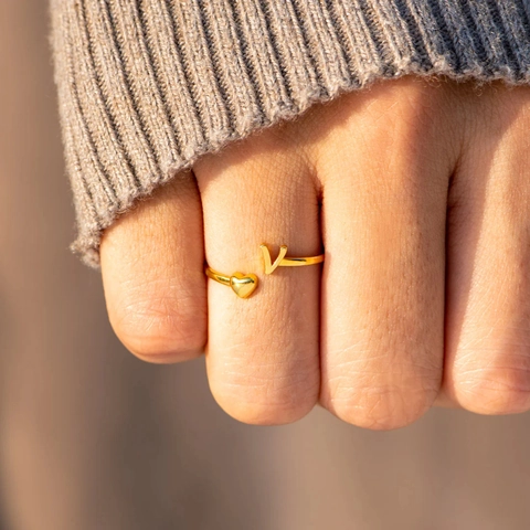 925 Sterling Silver Initial Letter Heart Open Ring Adjustable Fashion Western Jewelry Gold Plated Finger Ring For Women